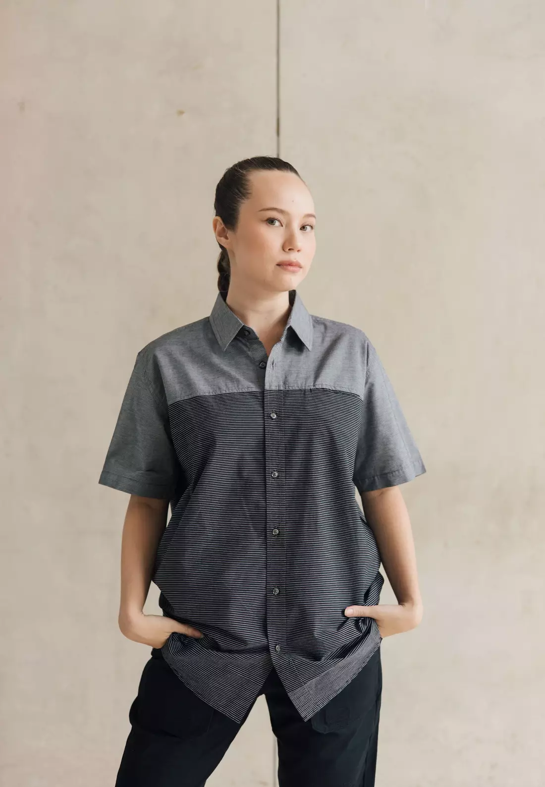 RBJ Kemeja Salur Kombi Hitam Regular Fit Pria