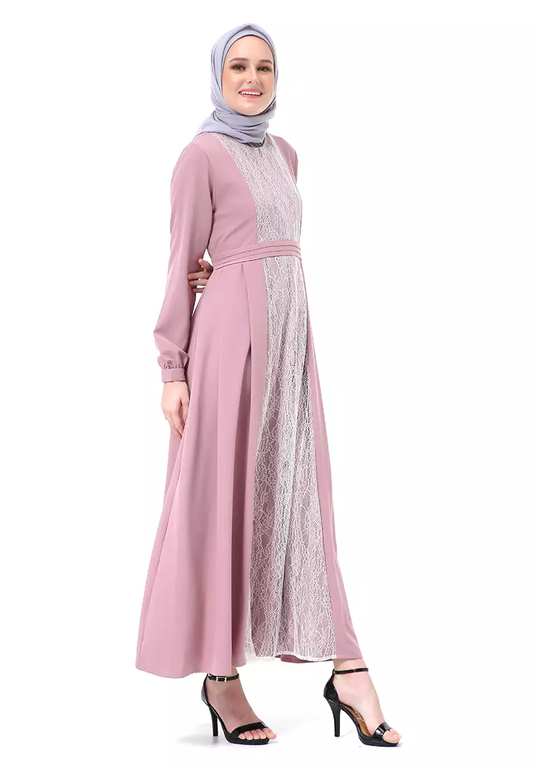 Adinda Dress Muslimah Detail Brukat Lengan Panjang Regular Fit High Quality Premium - Peony