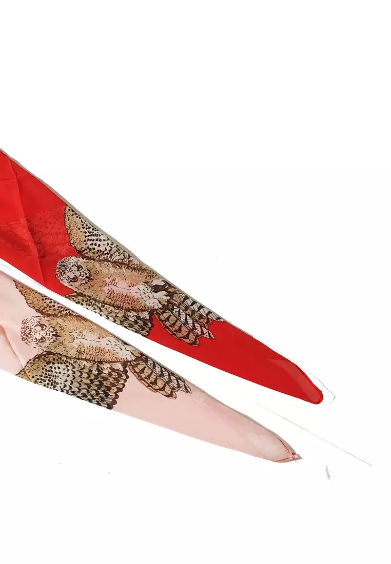 Bohemian Owl Silk-Feel Scarf Red & Pink