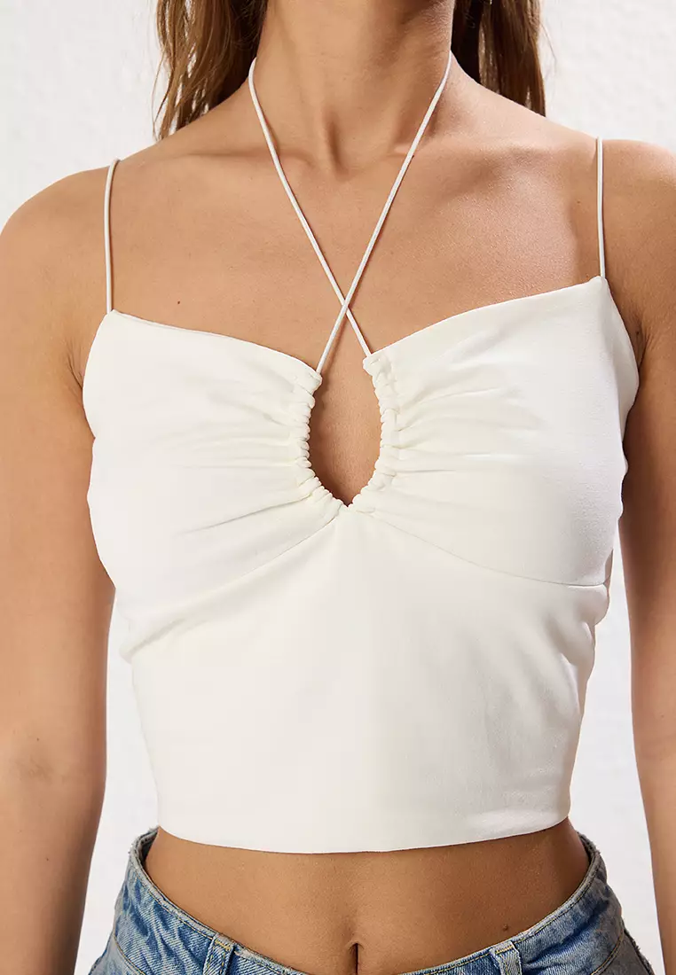 Ecru Halter Neck Spaghetti Strap Cotton Stretch Crop Knit Tank Top