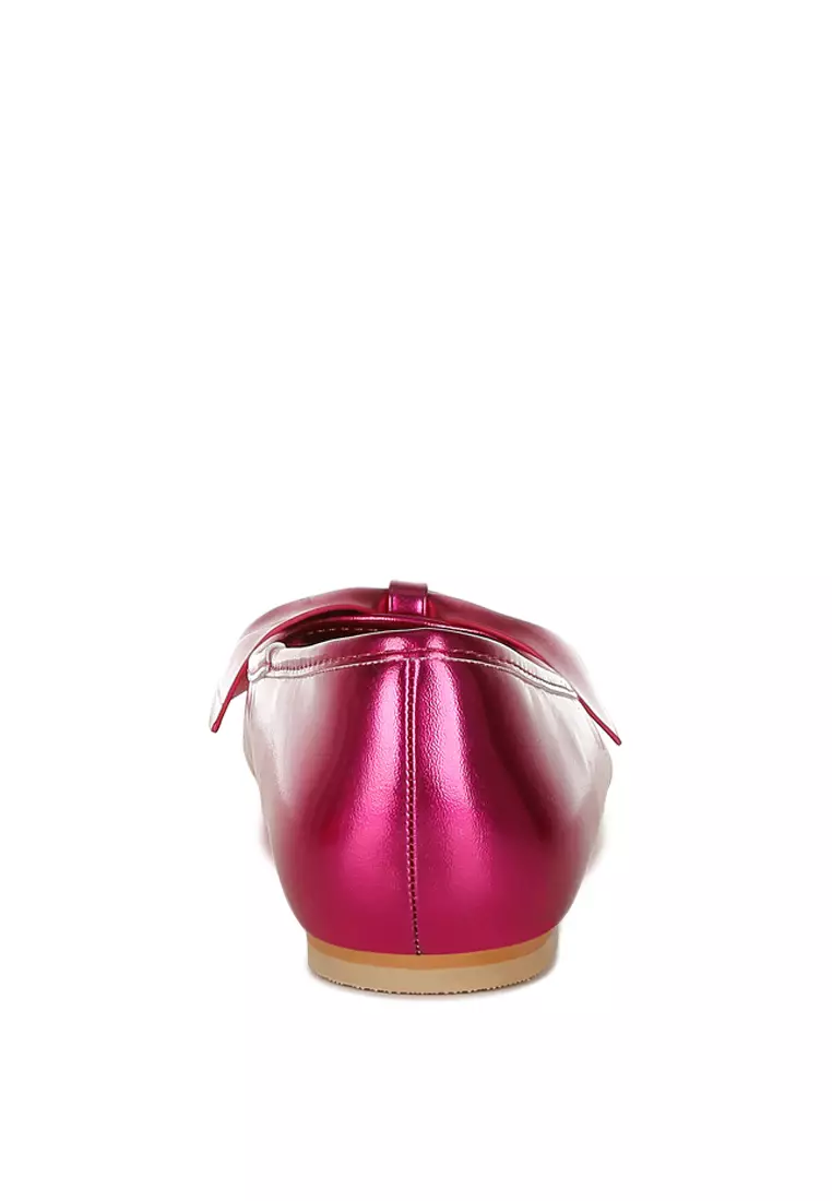 Metallic Pleather Bow Ballerinas in Fuchsia