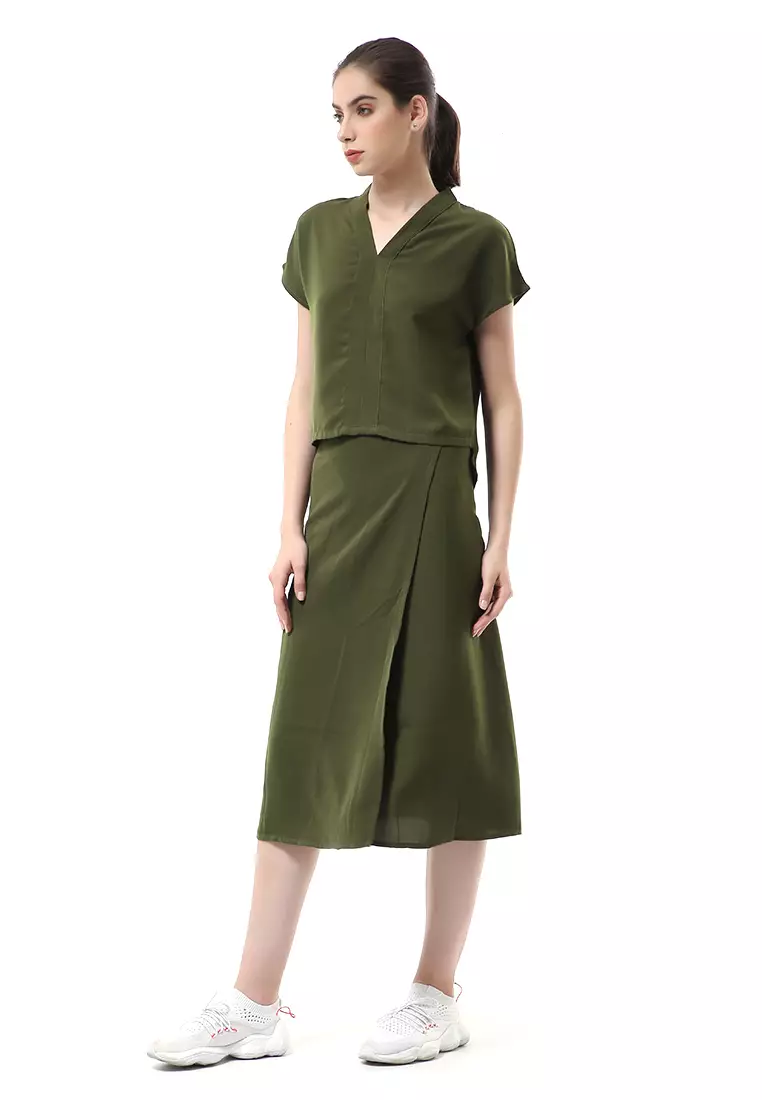 Nayra Setelan Baju & Rok Wanita One Set Adjustable Short Sleeve Material Dolce ORIGINAL - Army