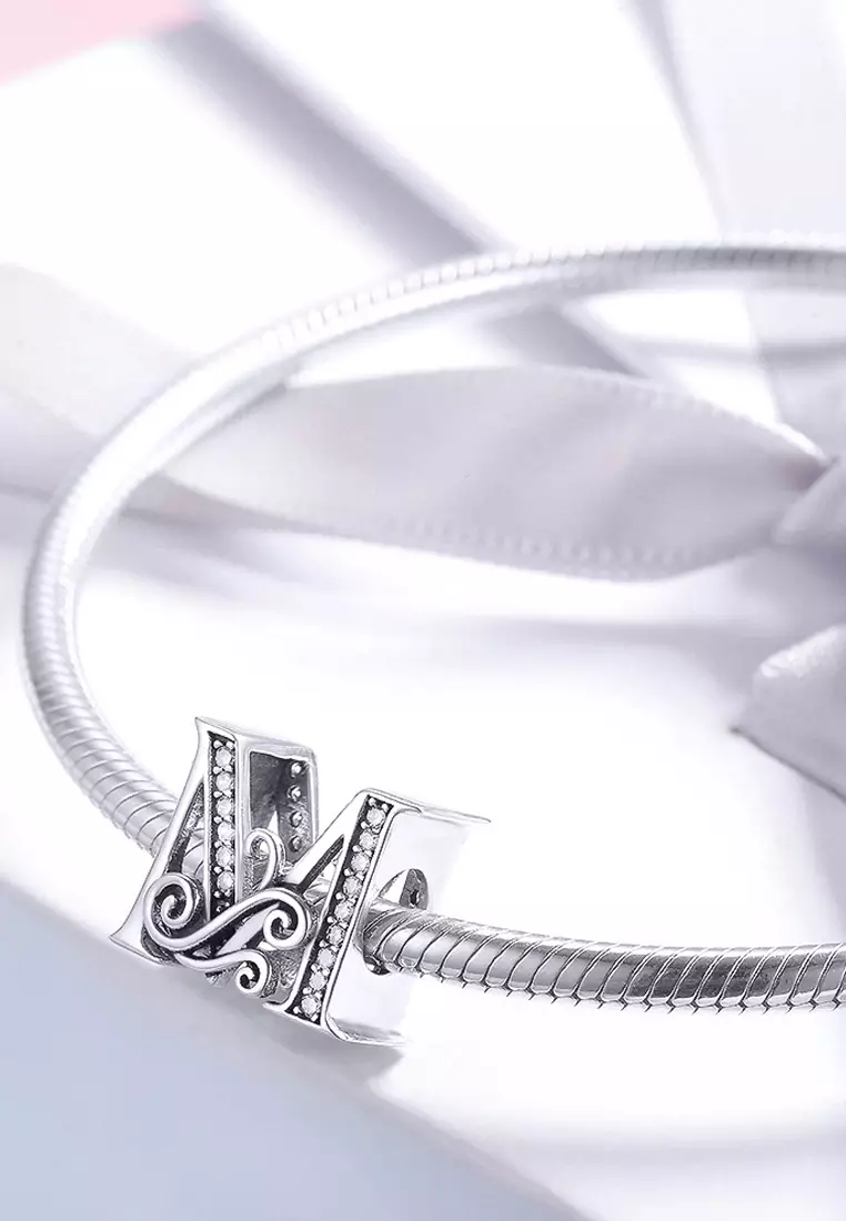 Solid 925 Sterling Silver Vintage Inspired Antique Alphabet Charm M