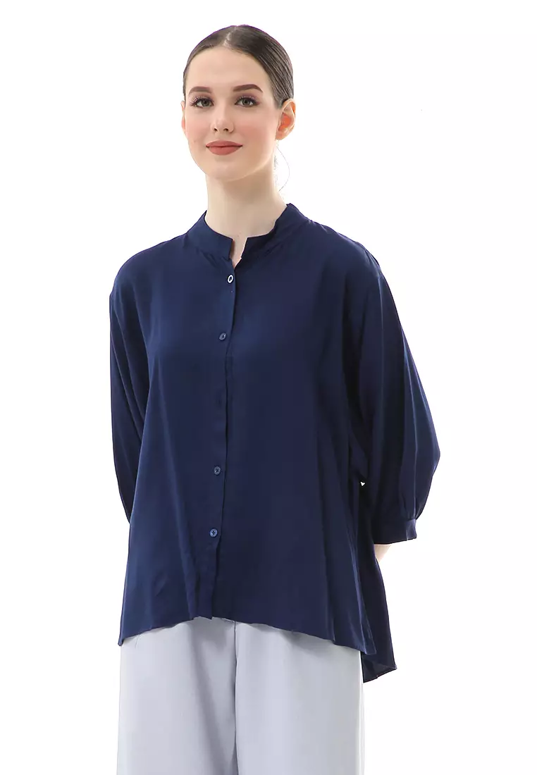 Ghita Kemeja Atasan Wanita Motif Polos Long Sleeve High Quality - Navy