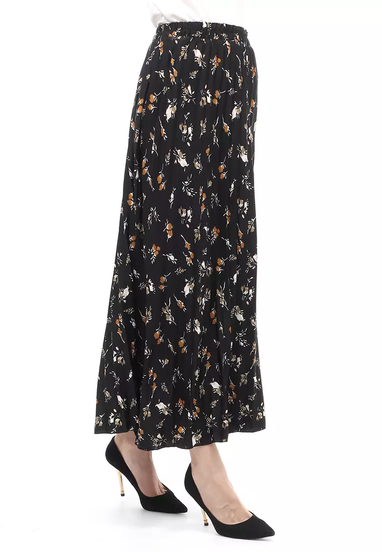 Rok Plisket Motif Print Design Vintage Rubbery Waist Bawahan Wanita - Daily Hitam