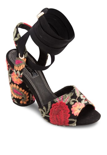 刺繡花卉纏繞踝esprit 旺角帶粗跟高跟涼鞋, 女鞋, 鞋