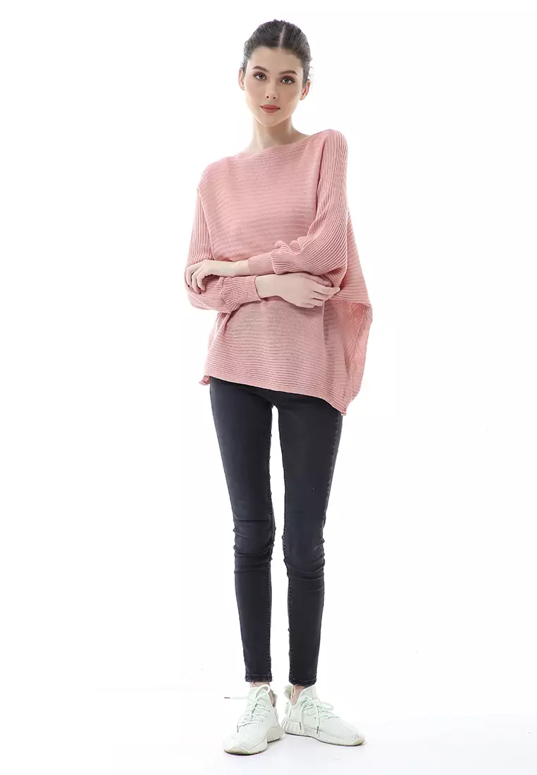 Eveline Sweater Rajut Batwing Atasan Wanita Motif Polos High Quality - Dusty Pink