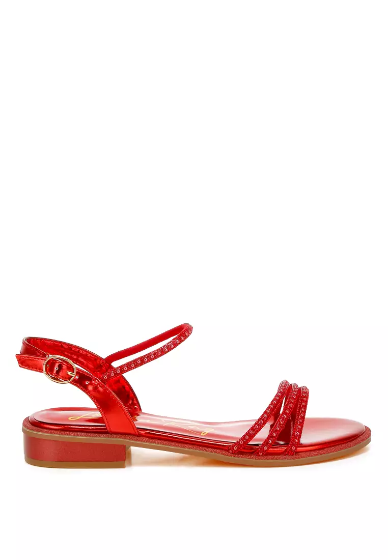 Discount on London Rag  shoes - SKU: Rhinestone Pearl Detail Flat Sandals in Red