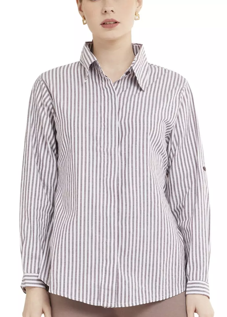 Kemeja Salur Basic Lengan Panjang Garis Shirt Wanita - Coklat