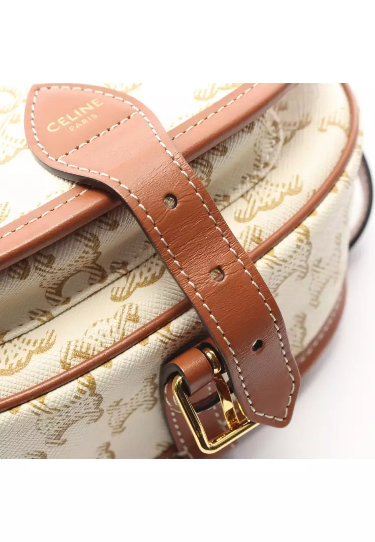 Pre-Loved Celine Folco medium bag Triomphe Shoulder bag PVC leather white Brown