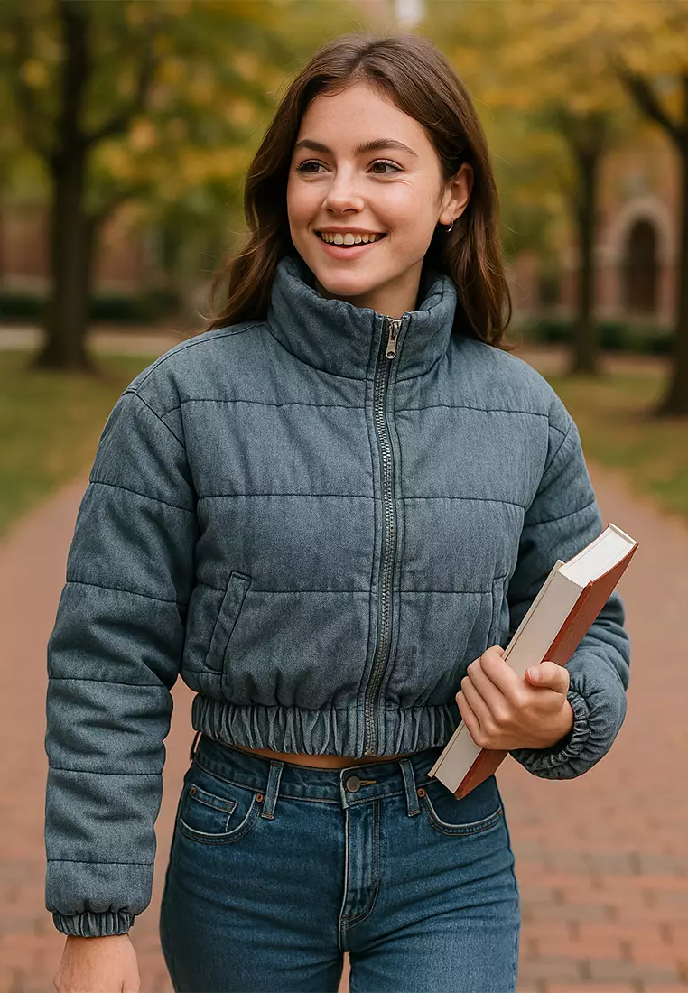 Denim Puffer Short Jacket in Blue