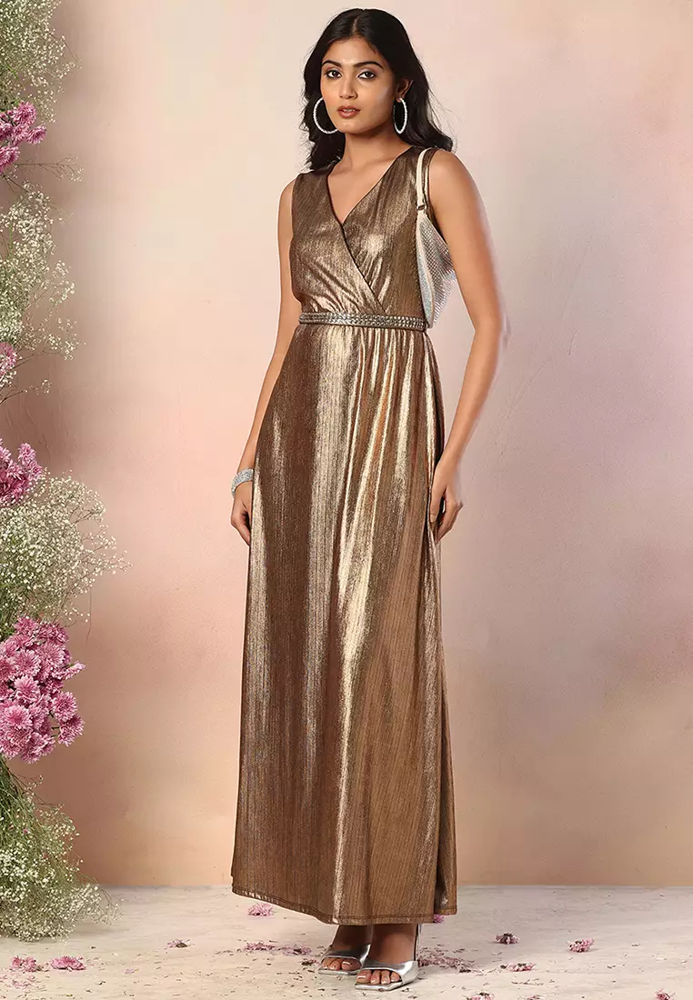 Brown Metallic Wrap Maxi Dress With Embellished Belt