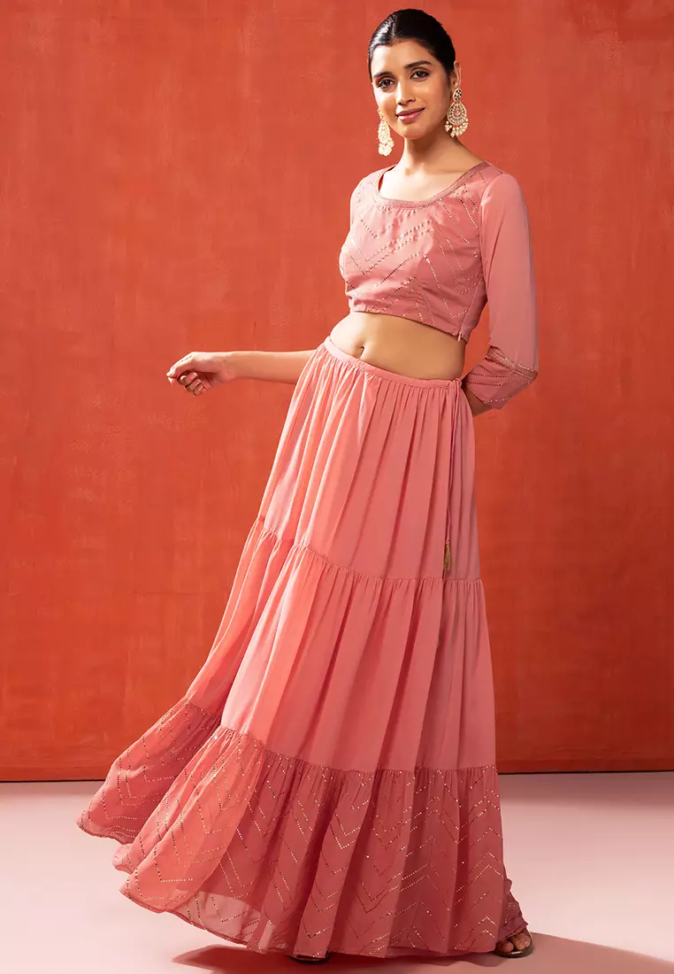 Pink Tiered Lehenga Skirt