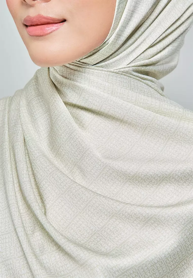Monogrammatic Printed Satin Silk Scarf in Fog Green