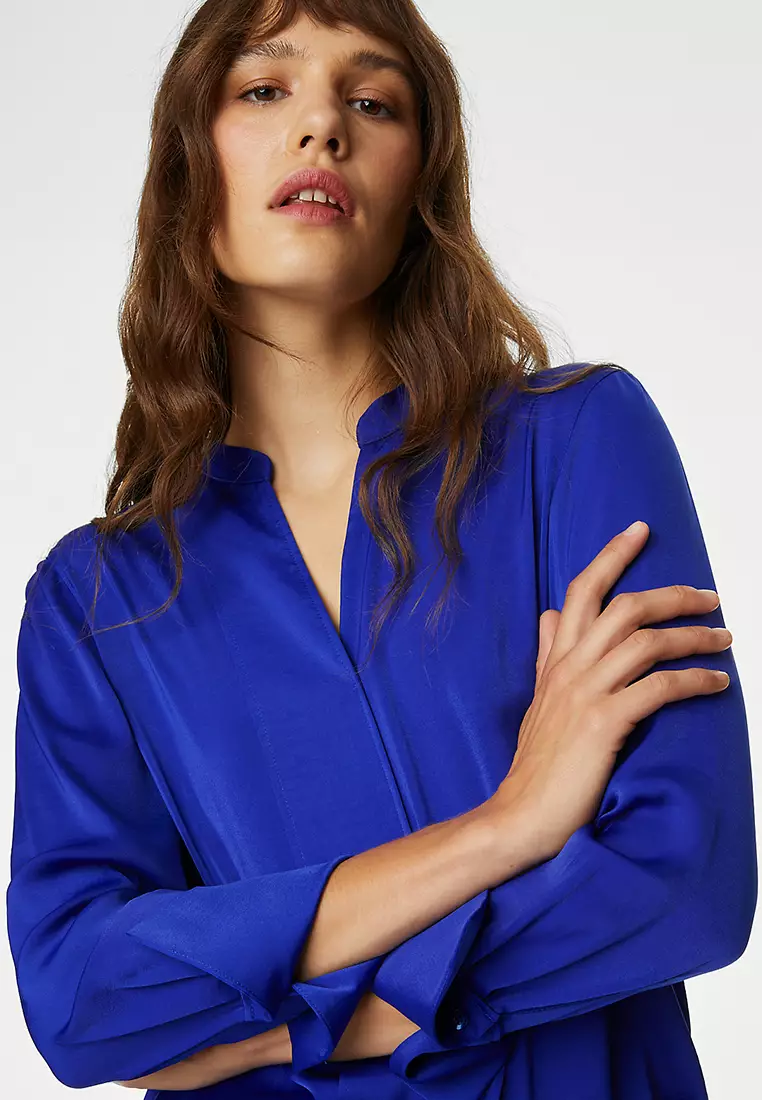 Satin V-Neck Popover Blouse