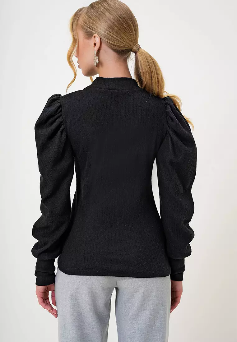 Women's Black Crew Neck Drop Neck Princess Sleeve Knitwear Blouse Alc-X13069
