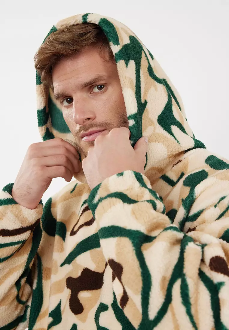 Multicolored Unisex Oversize/Wide Cut Patterned Sherpa Fleece/Plush Hooded Sweatshirt TMNAW25SW00147