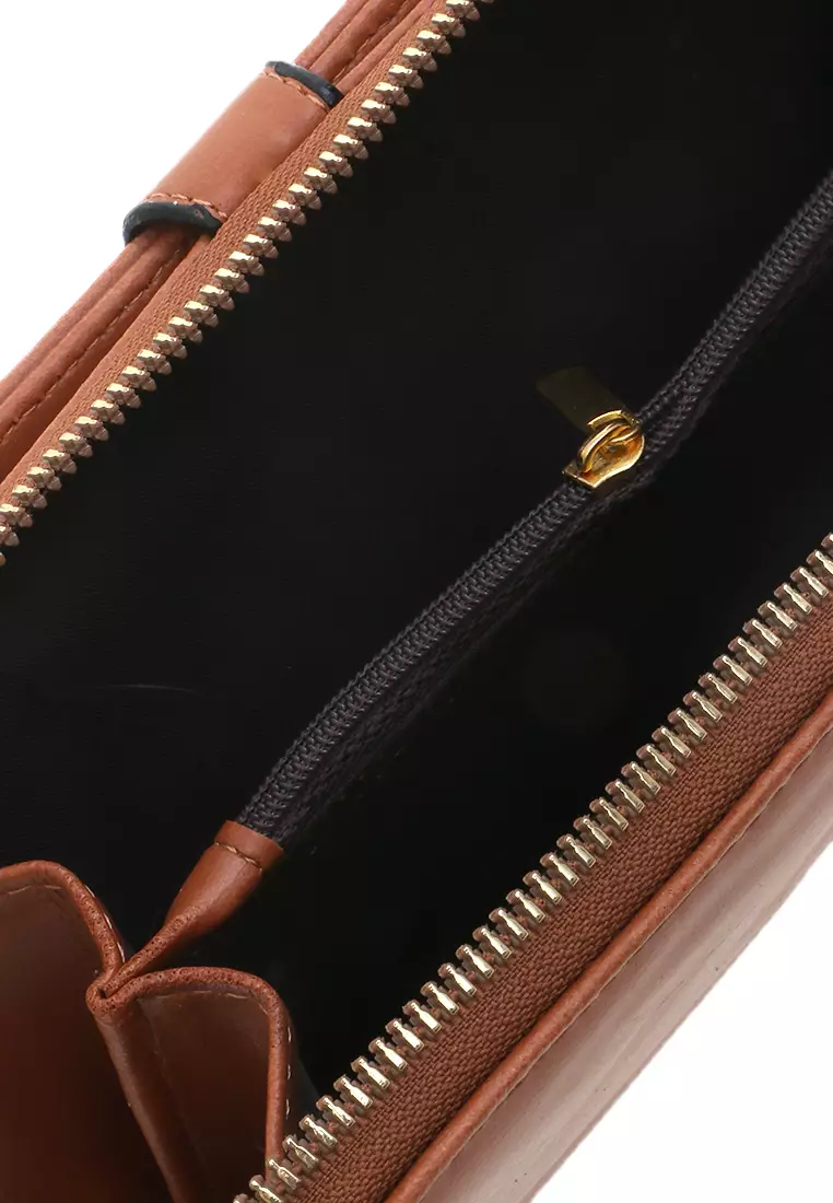 Dompet Leather Wanita Design Casual Long Wallet Soft Large Capacity Free Tali Tangan - Coklat List Hitam