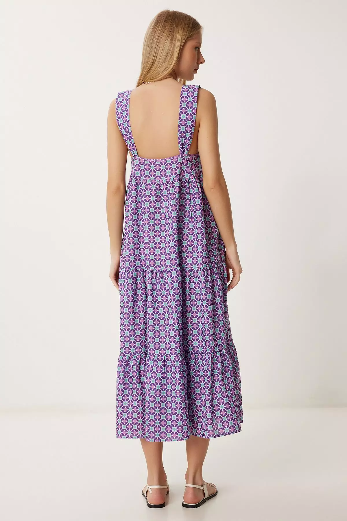 Women's Purple Patterned Flounced Summer Dress Fk00024