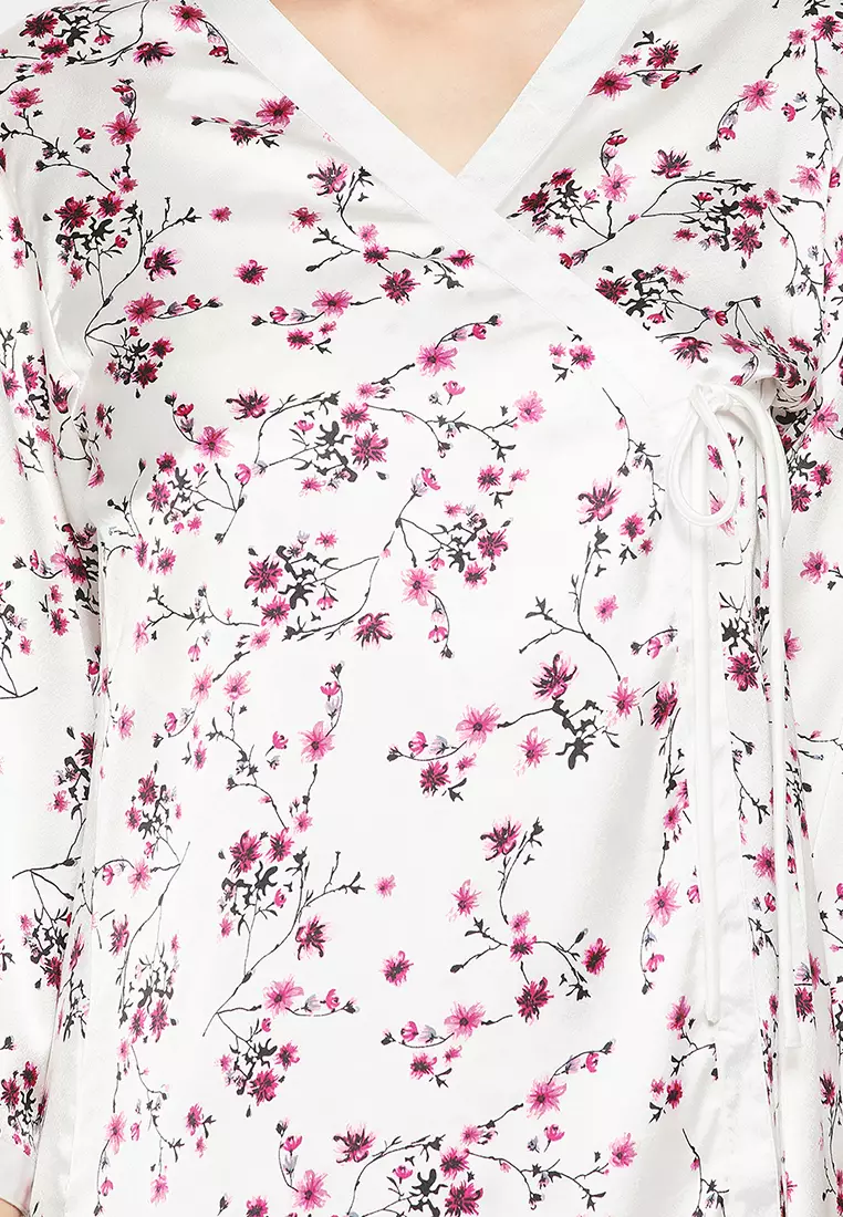 Clovia Chic Basic Short Night Dress & Pretty Florals Robe Set in White - Satin