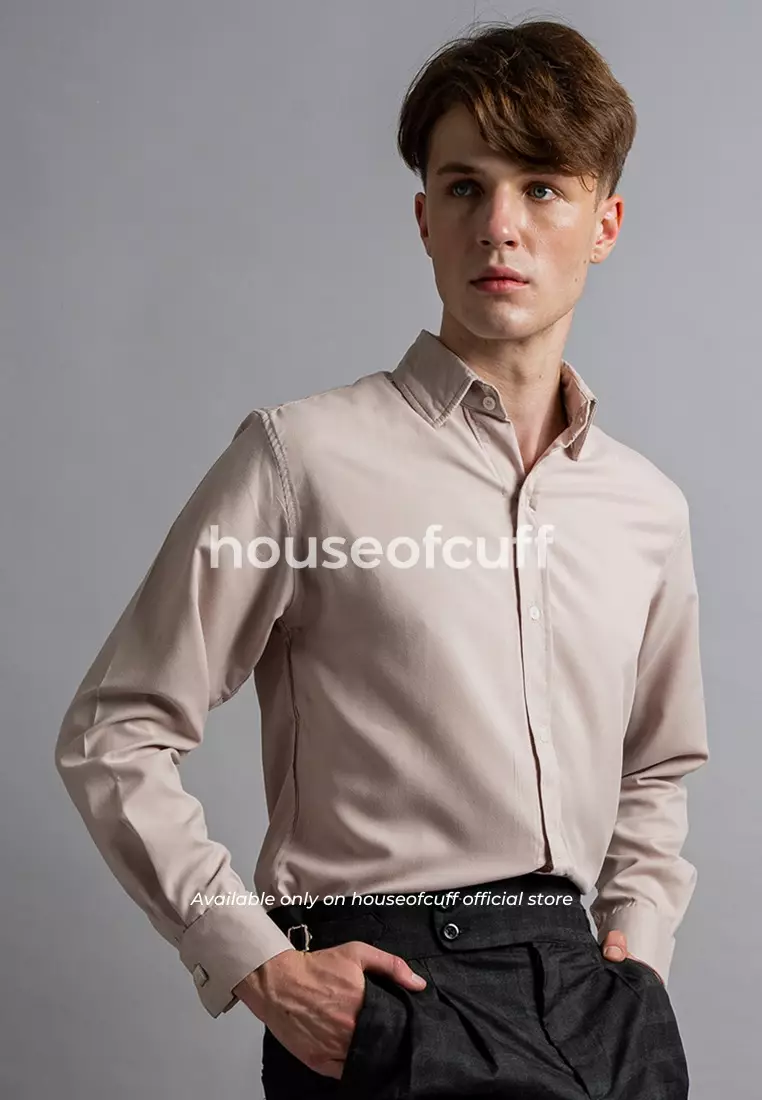 Houseofcuff Kemeja Kerja Formal Pria Model French Cuff / Double Cuff Dengan Cufflinks Warna Krem ( Incl.Collar Stay + Cufflinks )