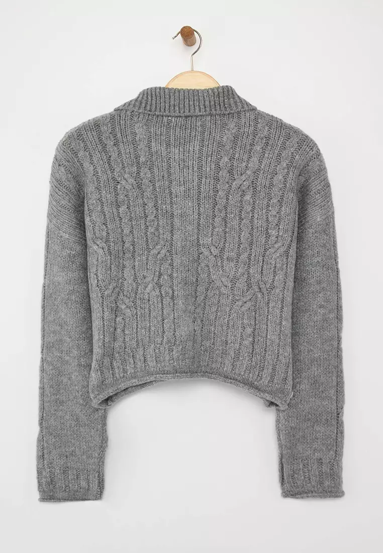 Anthracite Crop Soft Textured Zippered Hair Braided Knitwear Cardigan