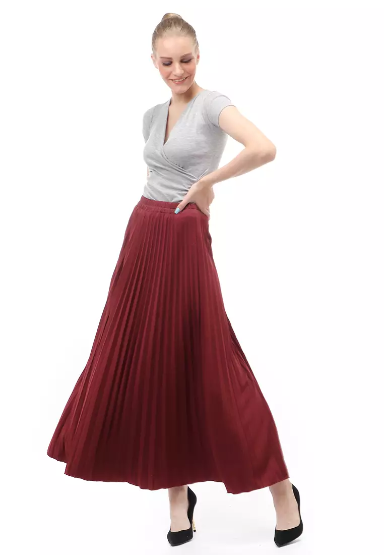 Skirt Plisket Bawahan Wanita Motif Polos Relaxed Fit - Maroon