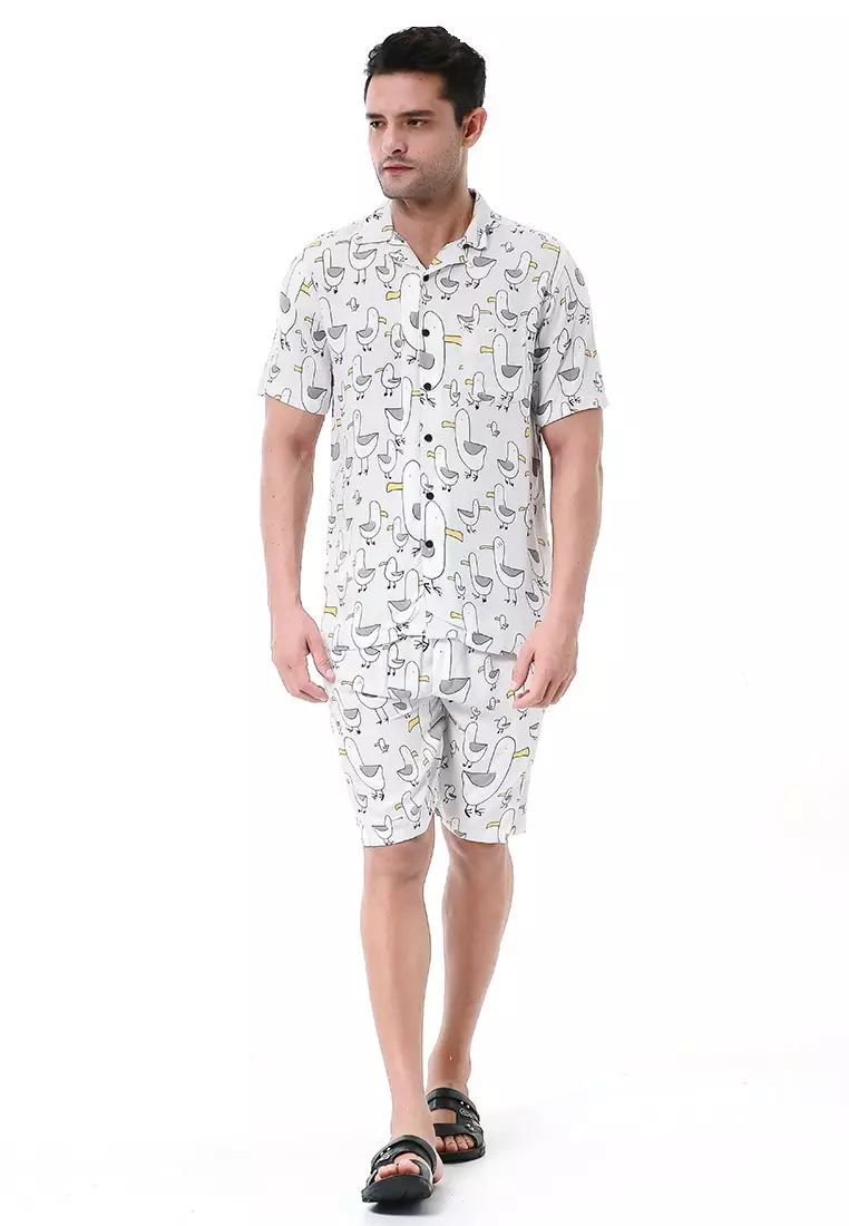 Deon Piyama Pria Duck Motive Kemeja One Set Lengan Pendek Material Rayon ORIGINAL - Gray