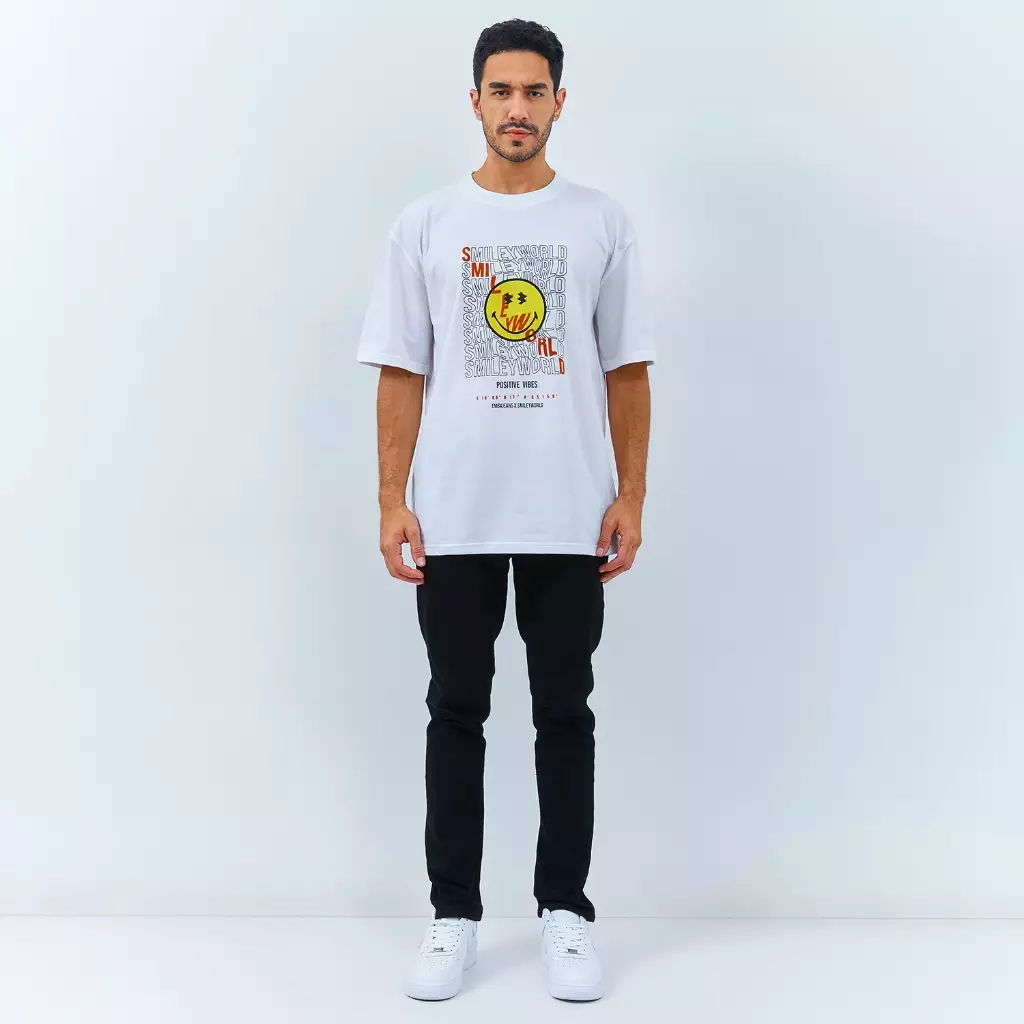 EMBA DENIM I SMILEYWORLD - Kaos Smiley Oversize Pria Material Single Jersey Warna Putih - Hank