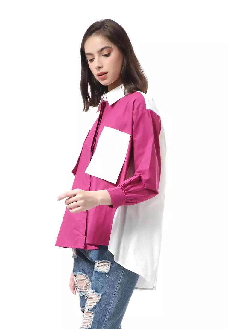 Brielle Atasan Wanita Kemeja Lengan Panjang Model Dua Warna Shirt Two Tone Material Cotton ORIGINAL - Fuschia White