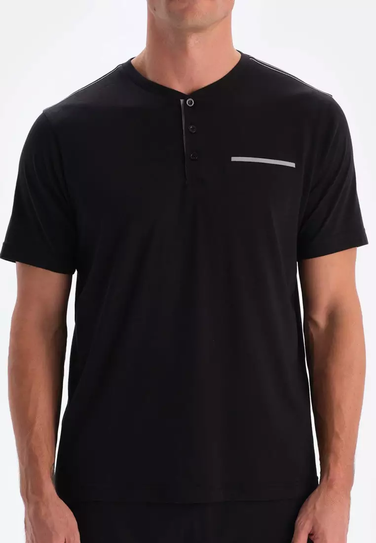 Black T-Shirt & Trousers & Shorts Knitwear Set, Crew Neck, Regular, Long Leg, Short Sleeve Sleepwear for Men