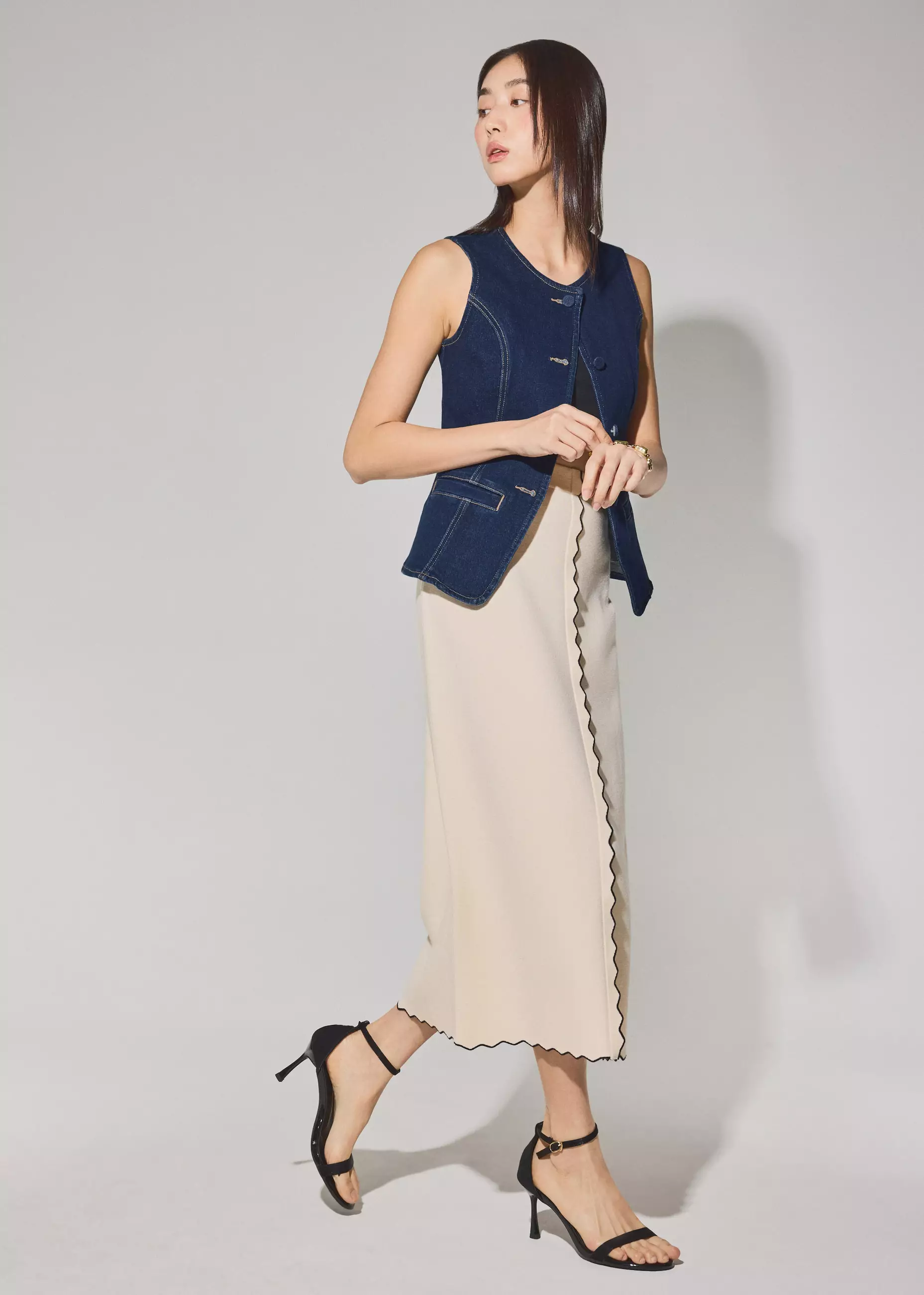 Rok Wanita - Knit Scallop Edge Column Midi Skirt
