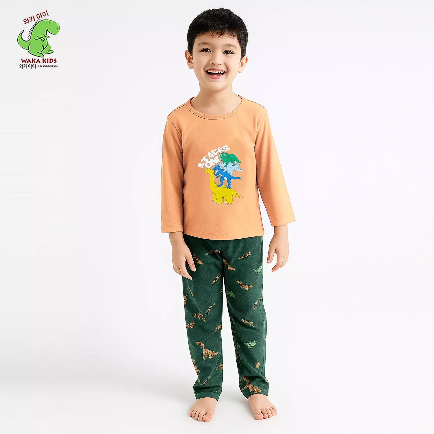 Wakakids Piyama Anak Cotton Setelan Baju Tidur Lengan Panjang Pajama Set Sleepwear Motif Dinosaurus Bahan Adem dan Lembut Venrz 4499