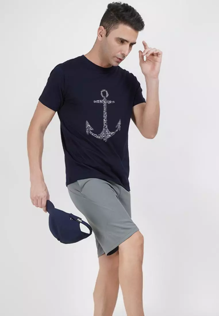 Anchor Bones Print Graphic Blue Short Sleeves Regular Fit Tee
