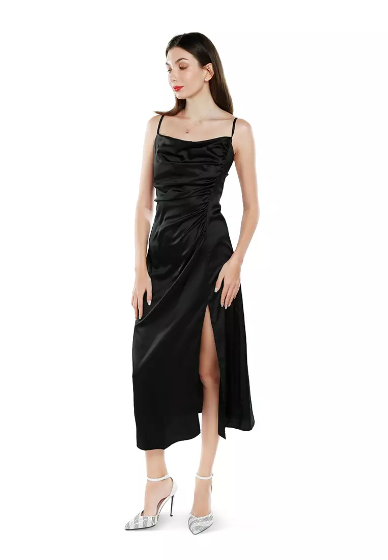 Black Ruched Detail Slit Slip Dress