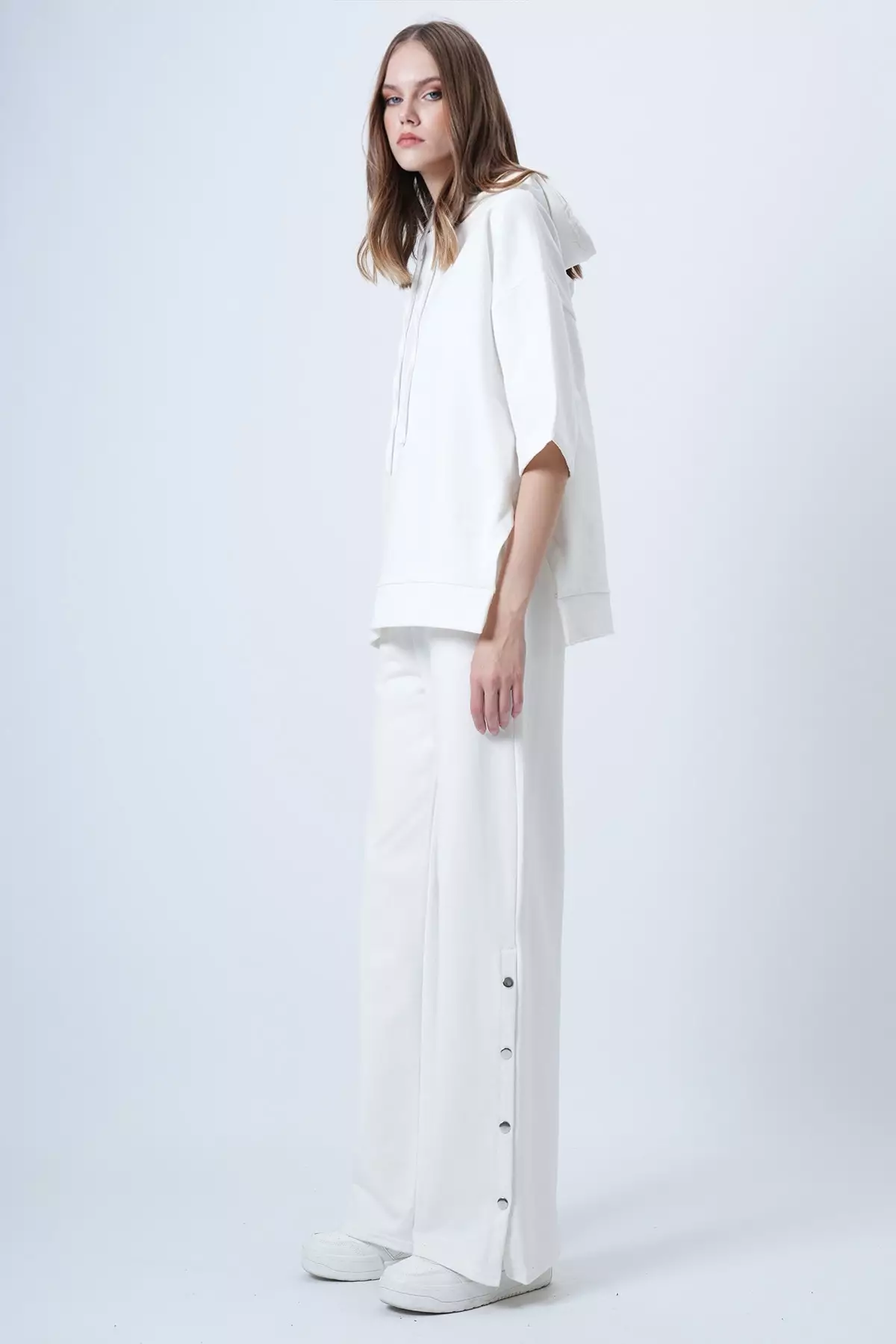 Women'S White Hooded Sweatshirt With Side Slits And Wide Leg Pants Set Alc-X14607