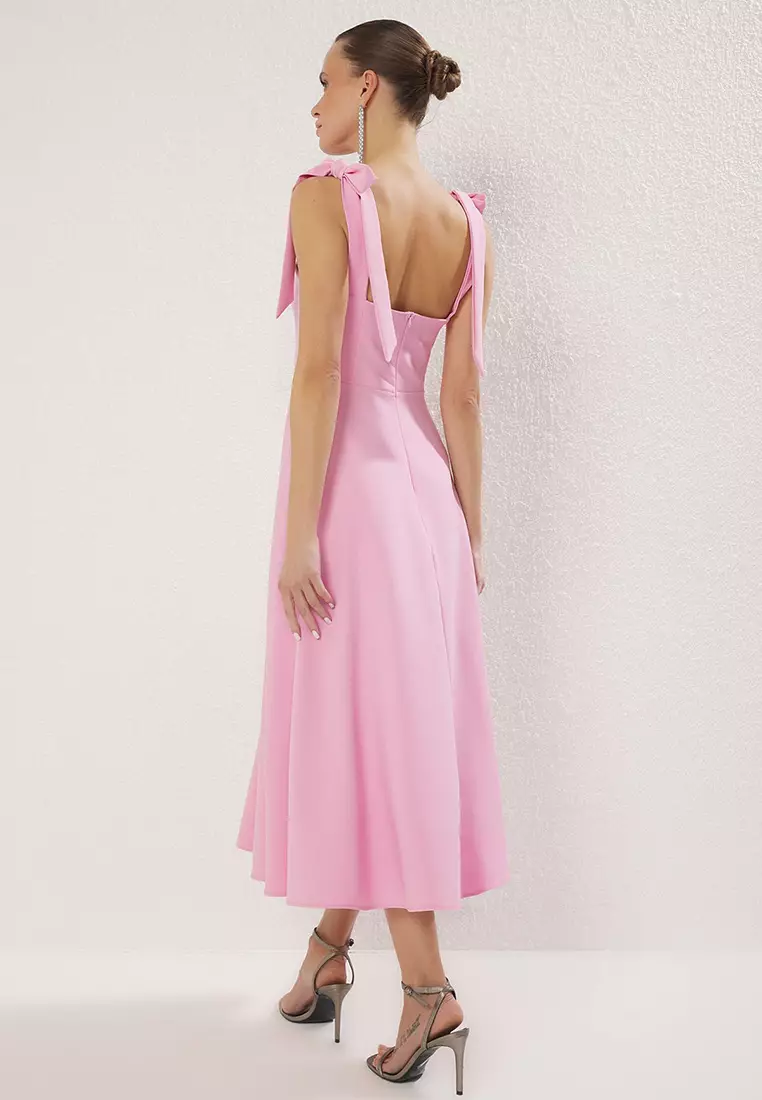 Pink A-Line Strap Detailed Woven Evening Dress Graduation Dress TPRSS24EL00251