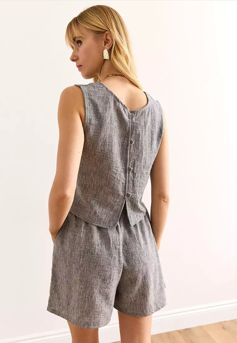 Top Back Button Blouse Bottom Pocket Shorts Set