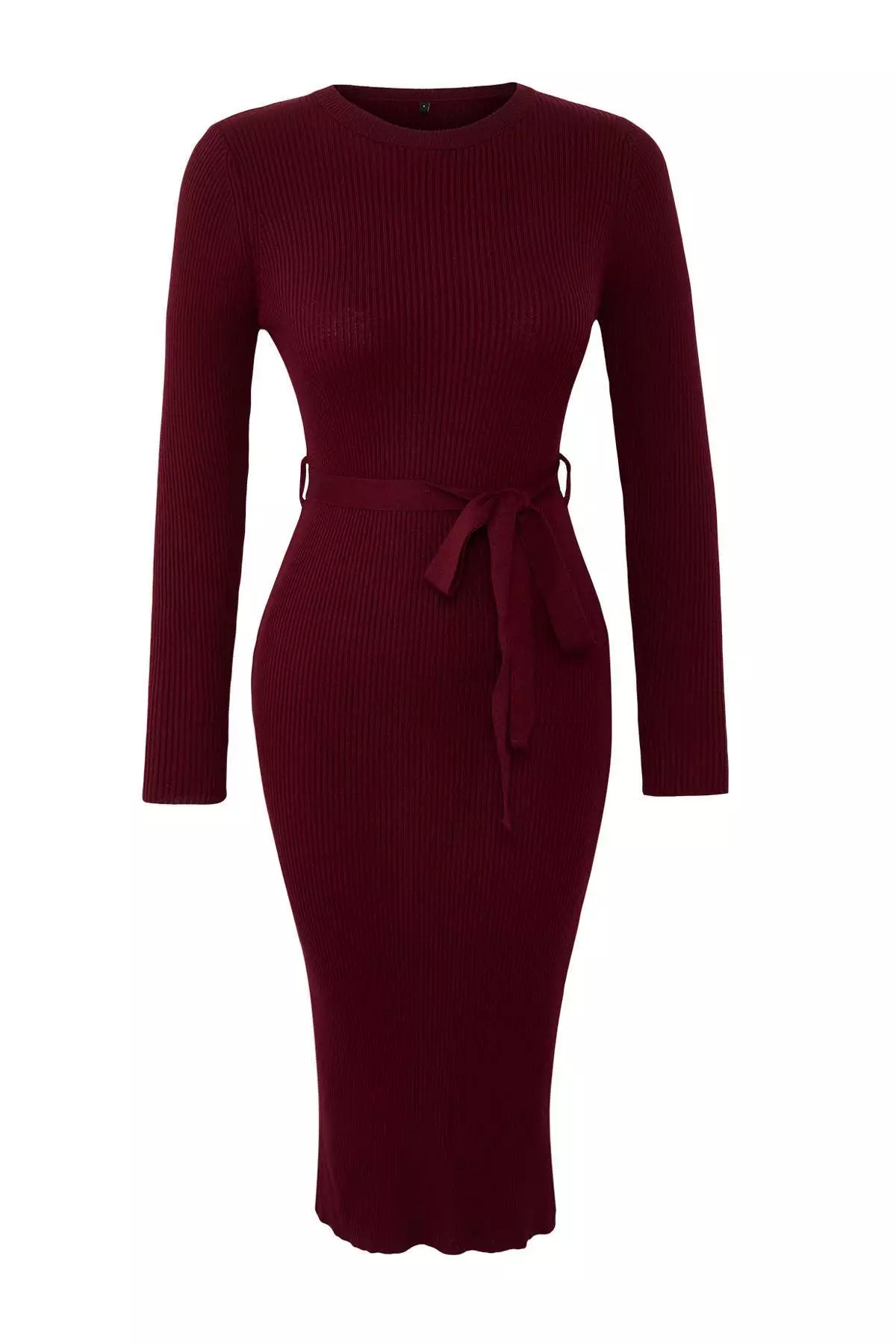 Burgundy Midi Knitwear Belt Detailed Dress