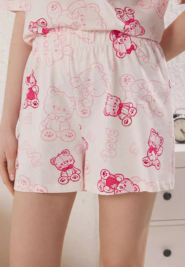 Pink 100% Cotton Teddy Bear Shorts Knitted Pajama Set THMSS25PT00367
