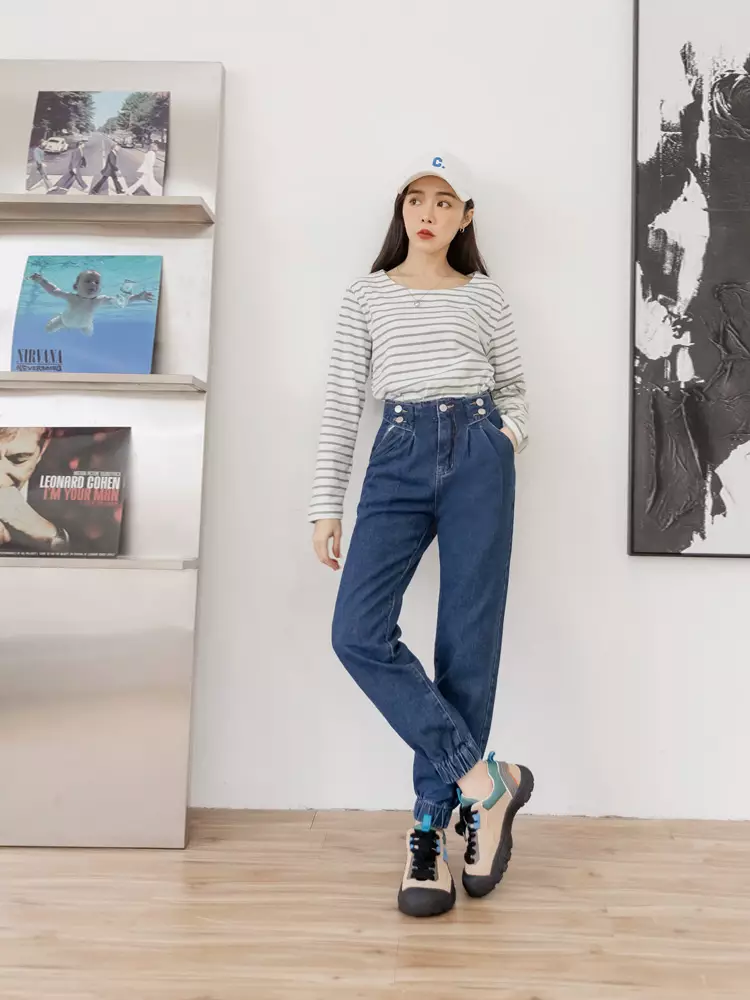 OB嚴選 純棉前後腰頭造型牛仔束口褲《BA7335》