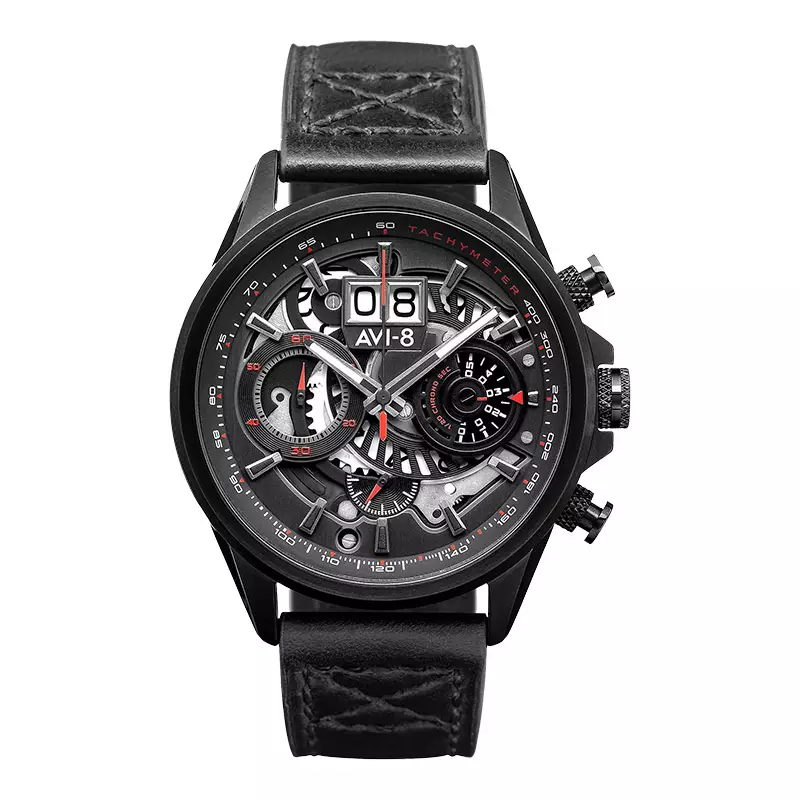 Jam Tangan Pria AVI 8 Hawker Harrier II AV 4065 05 Matador Chronograph Men Black Dial Black Leather Strap