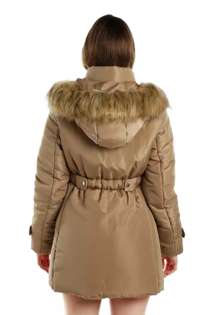 Faux Fur Collar Long Puffer Jacket in Beige
