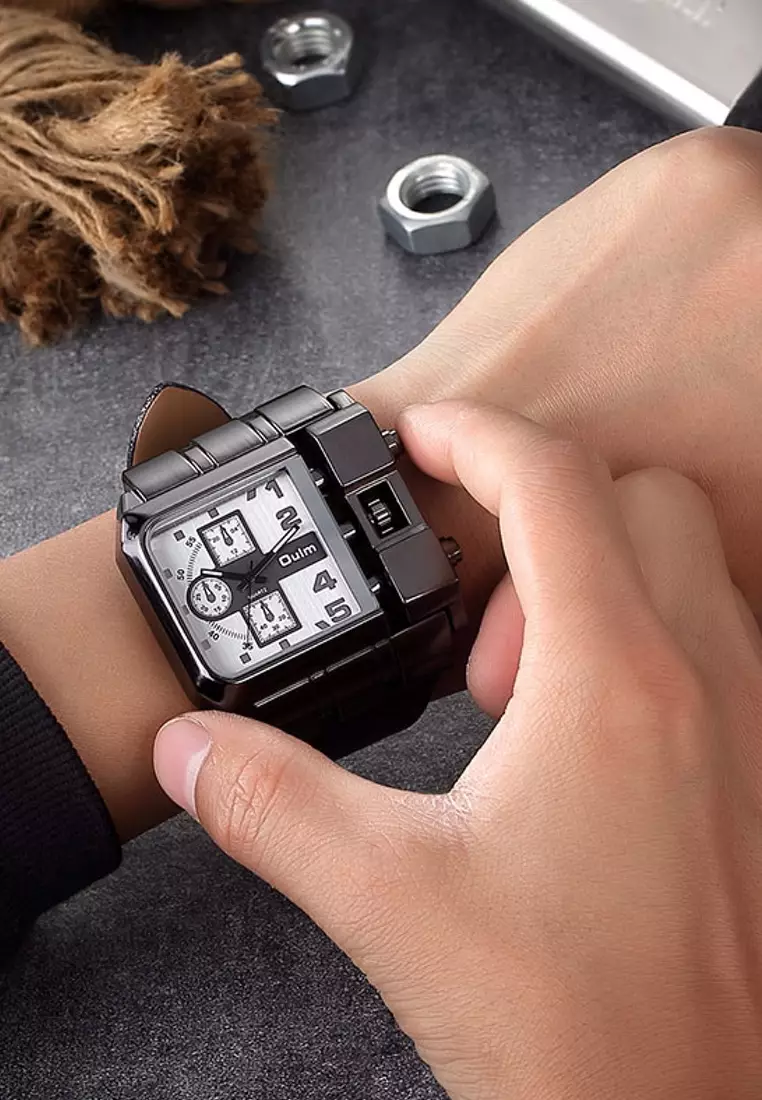 Very Large Men's Quartz Watch - 53x53mm - IP Black Steel case, White Dial, Black Leather Strap