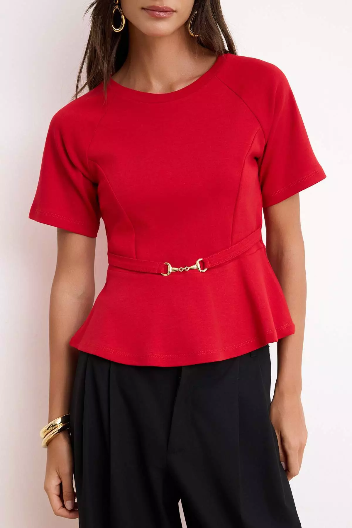 Red Peplum Raglan Sleeve Short Sleeve Accessory Detailed Interlock Knitted Blouse Twoss26Bz242