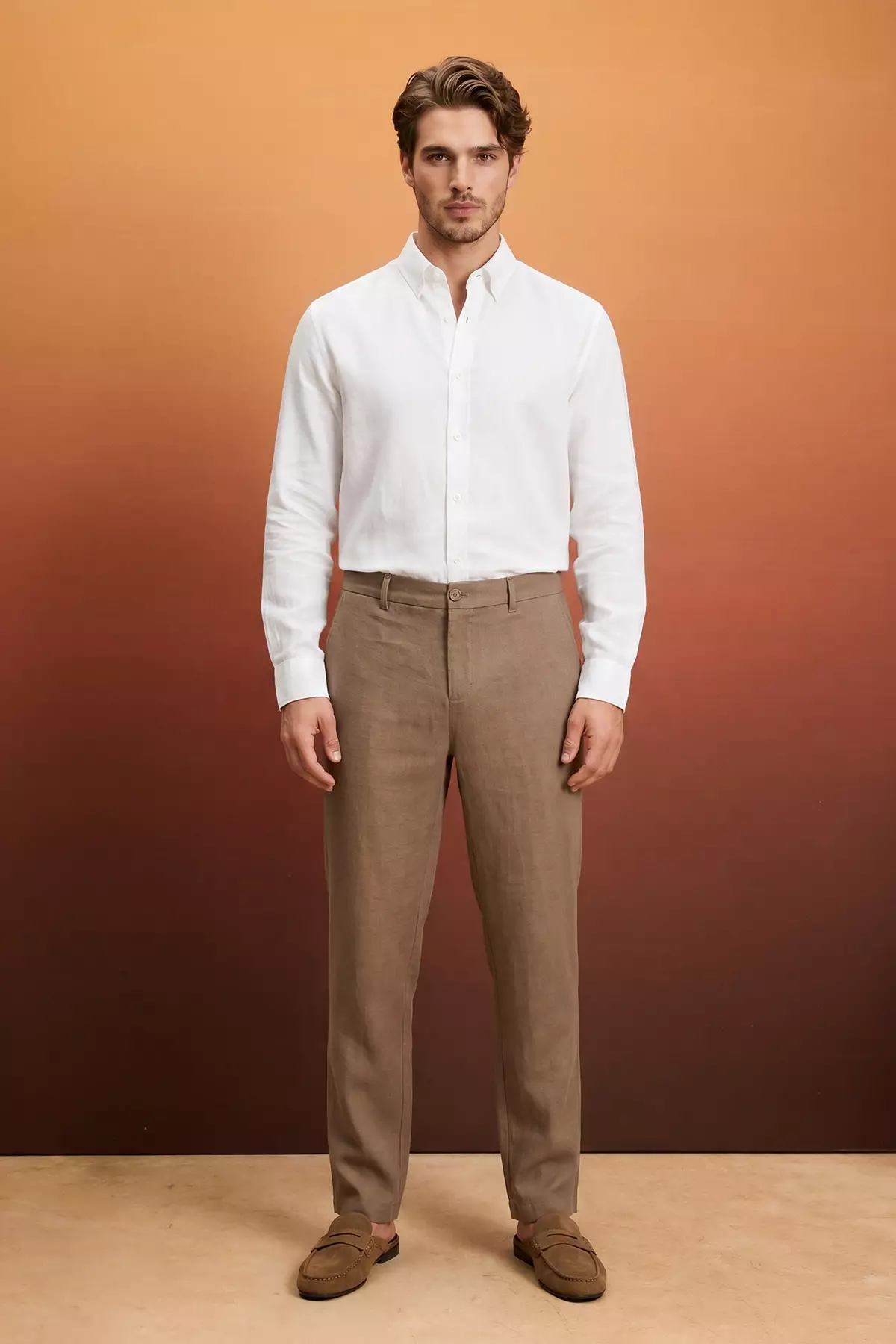 Mink 100% Linen Elastic Waist Regular Waist Men'S Trousers Tmnss26Pl00026
