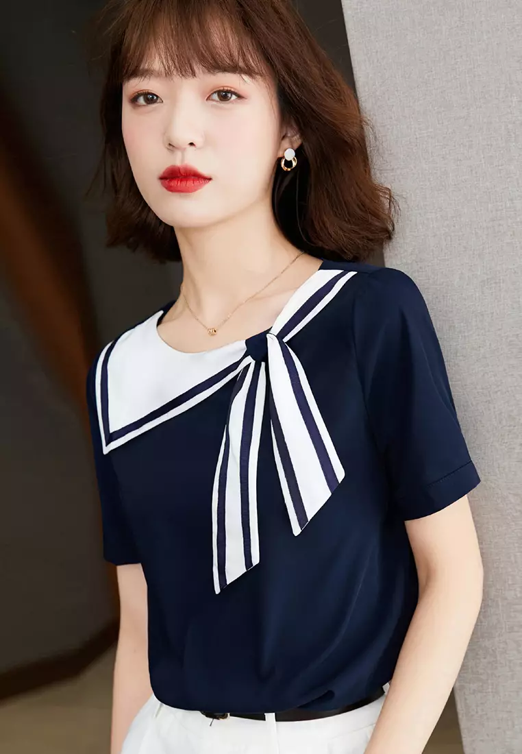 Western-Style Navy Blue Collar Loose Short-Sleeved Top A22022519BL