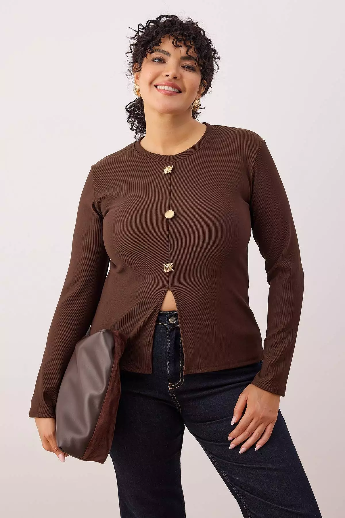Brown Accessory Buttoned Long Sleeve Ribbed Knitted Plus Size Blouse Tbbaw26Af00078