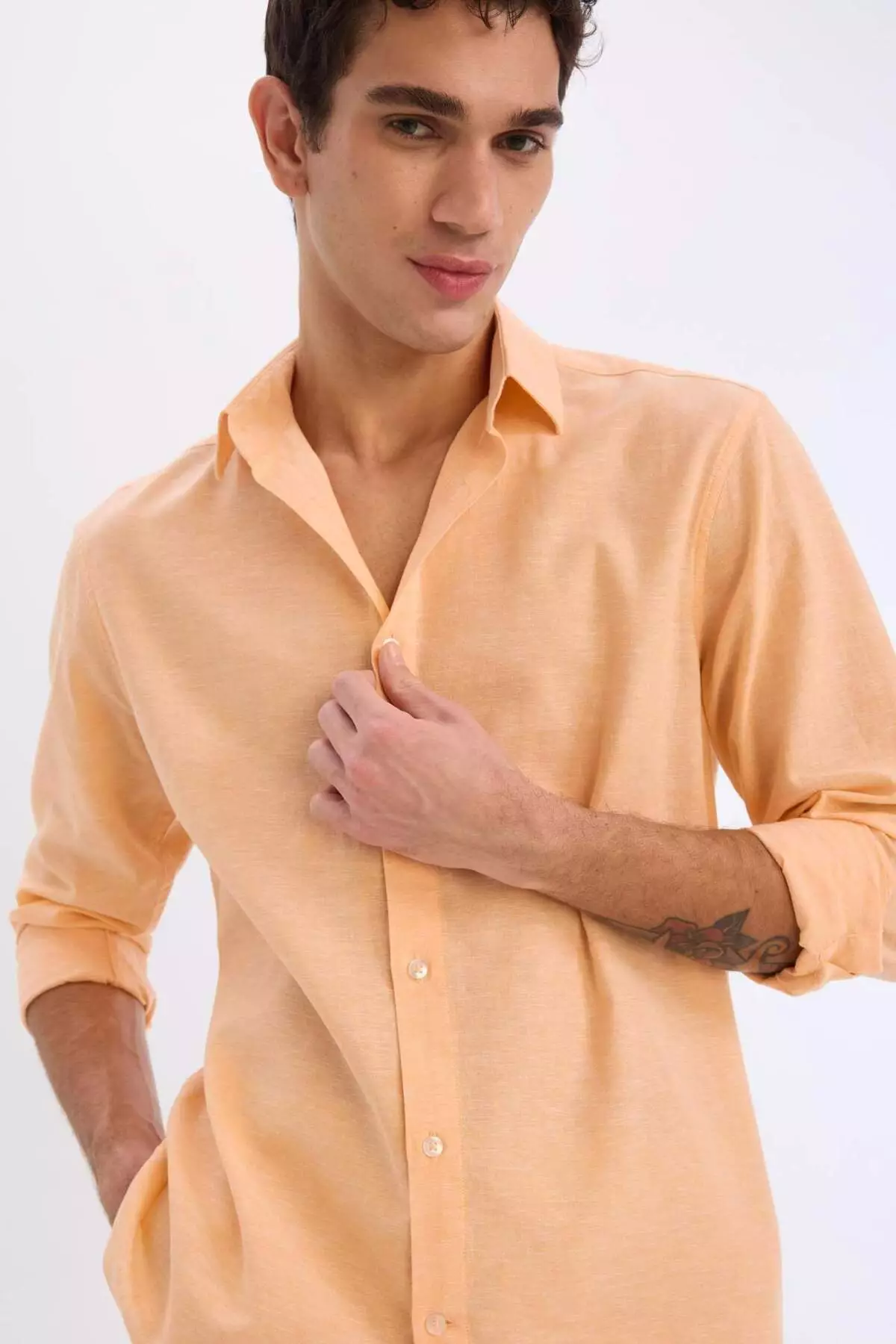 Regular Fit Polo Collar Linen Blended Summer Long Sleeve Shirt E0555Ax25Sm