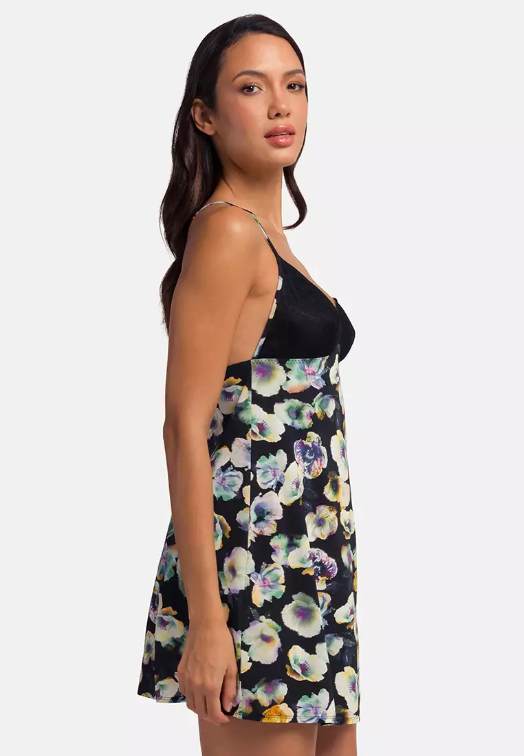 ZAYNA Lace Floral Digital Printed Tie Back Night Dress Slip Nightwear Sleepwear Linerie Bodywear